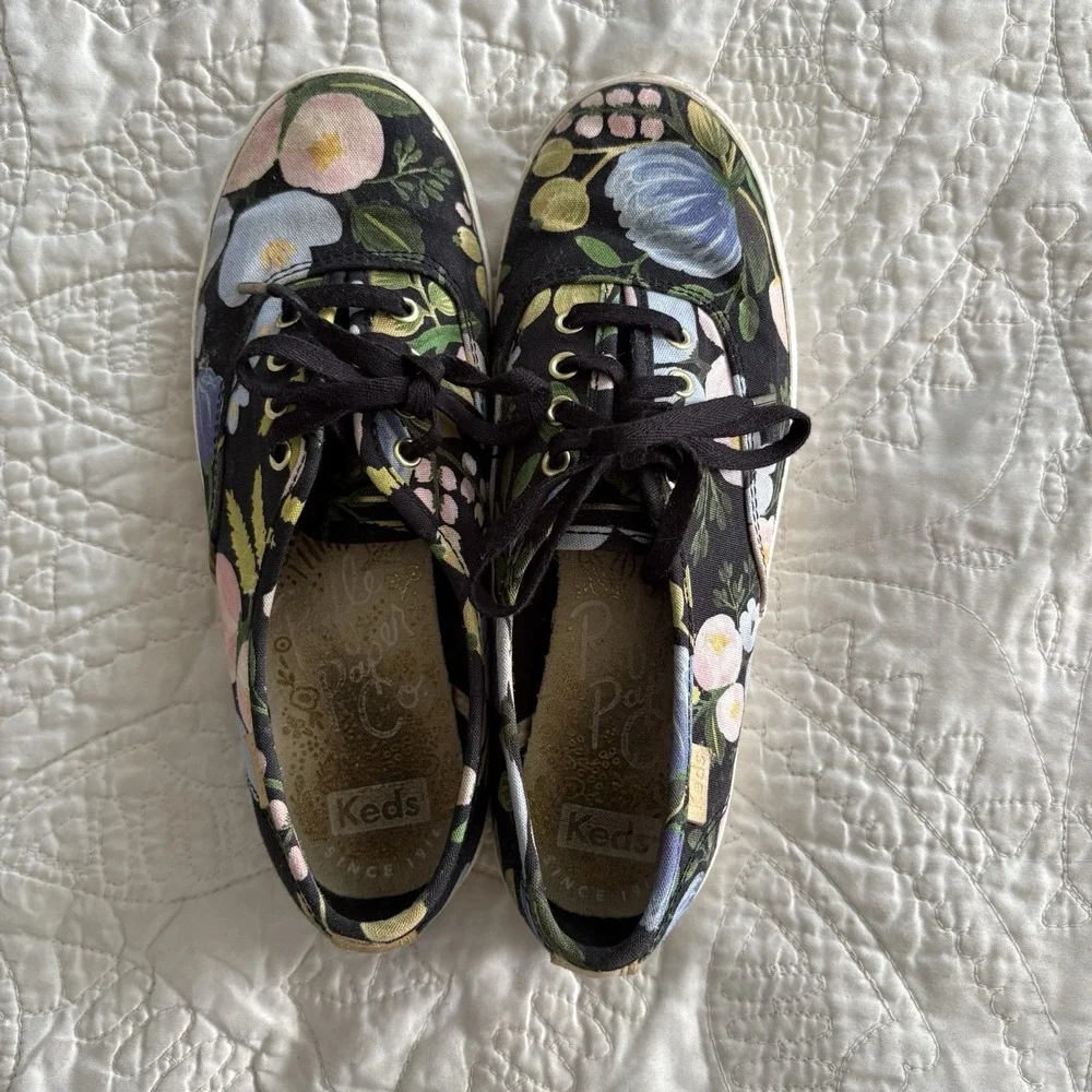 Keds x Rifle Paper Co Champion Floral Sneakers Black Canvas Low Top Women's Sz 5